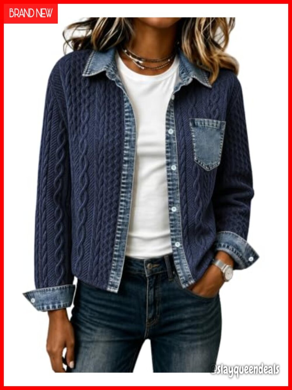 Womens Cropped Denim Bomber Jacket Cable Knit Shacket Button Front
